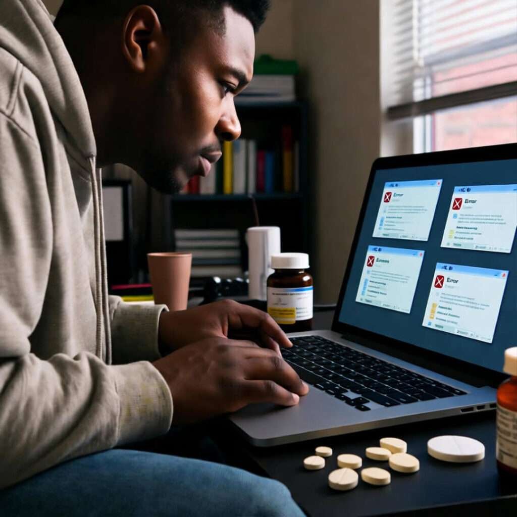 Person staring at laptop with error pop-ups, surrounded by scattered pill bottles.