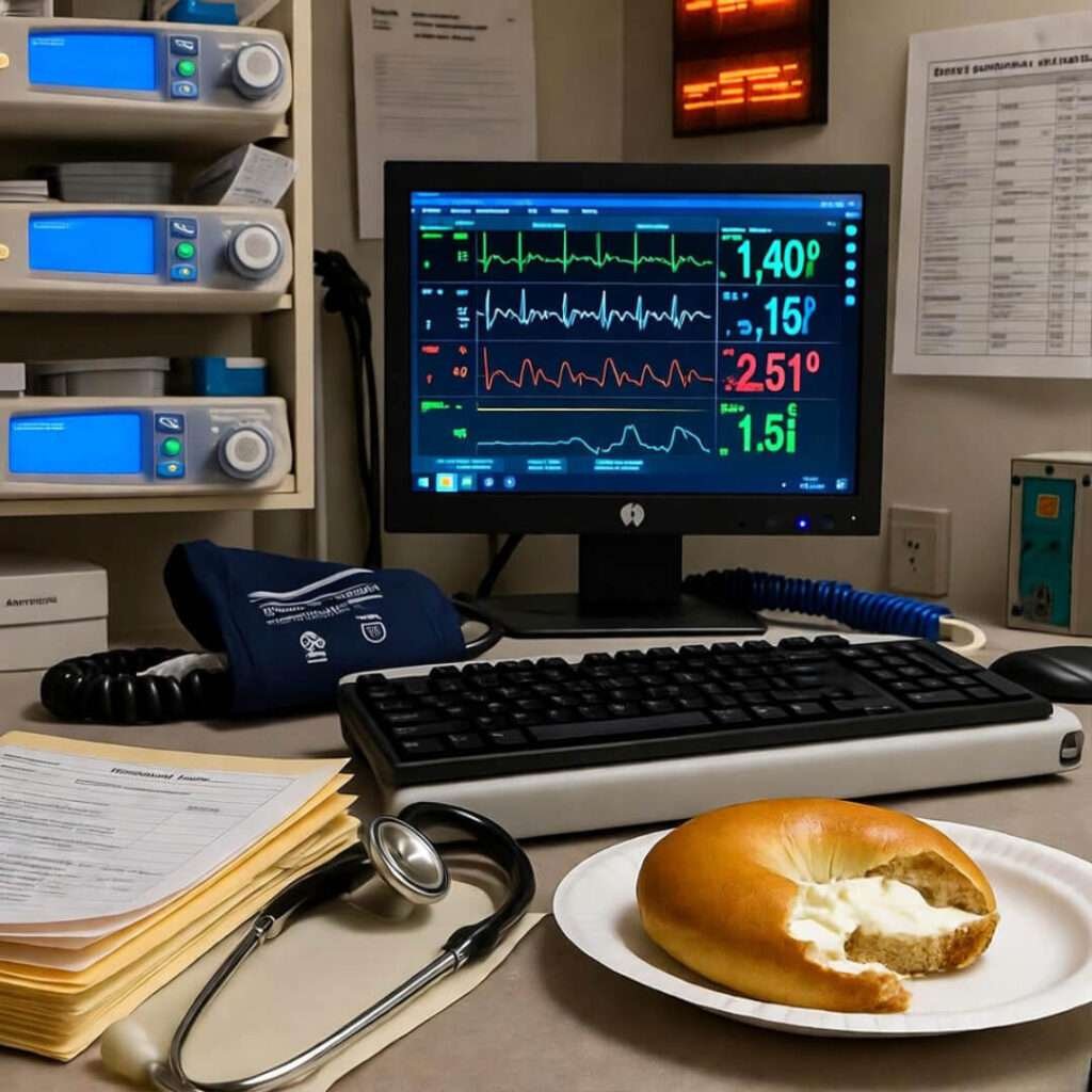 Shaky view: beeping monitors, half-eaten bagel, paycheck stub in folder.