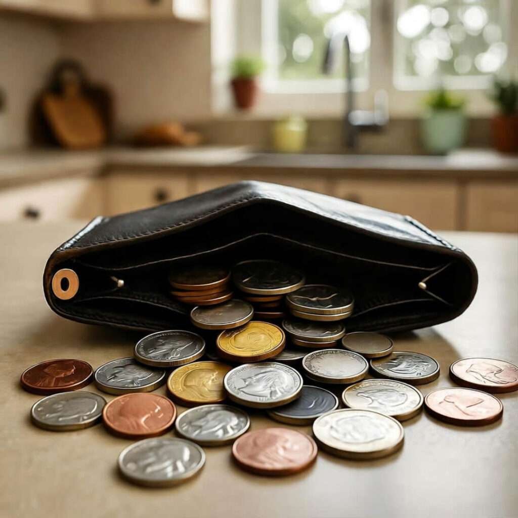 Open wallet on kitchen counter, coins spilling and rolling away.