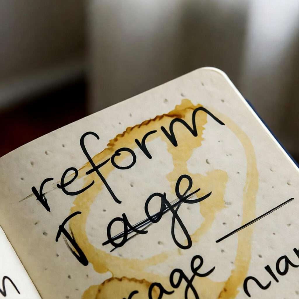 Coffee-stained notebook page with bold "reform rage" scribbles, close-up.