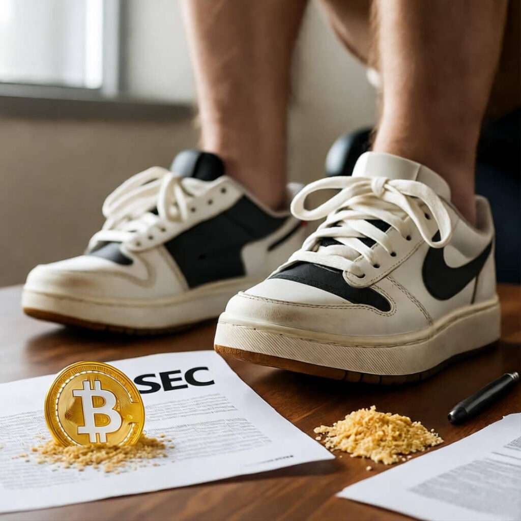 Sneakers on desk, tapping Bitcoin amid SEC papers and crumbs.