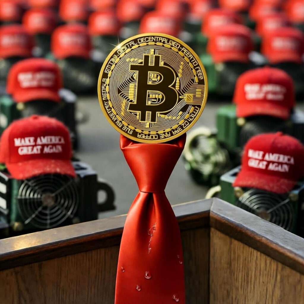 Golden Bitcoin teeters on red tie at podium; tiny MAGA-hat mining rigs behind.
