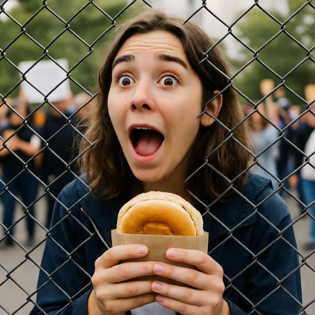 Startled person with sandwich stares wide-eyed at picket line behind fence.