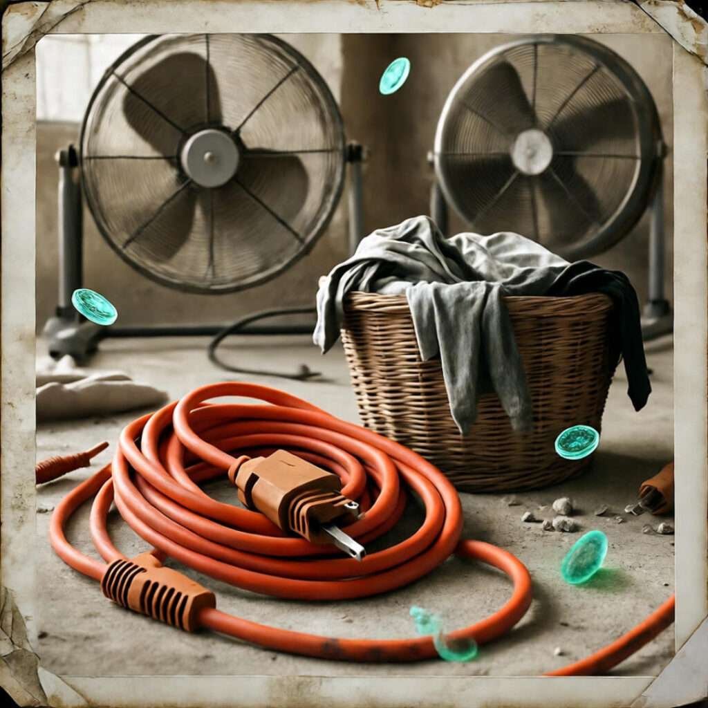 Orange cords tangle with dusty basket; spinning fans blow ghost coins.