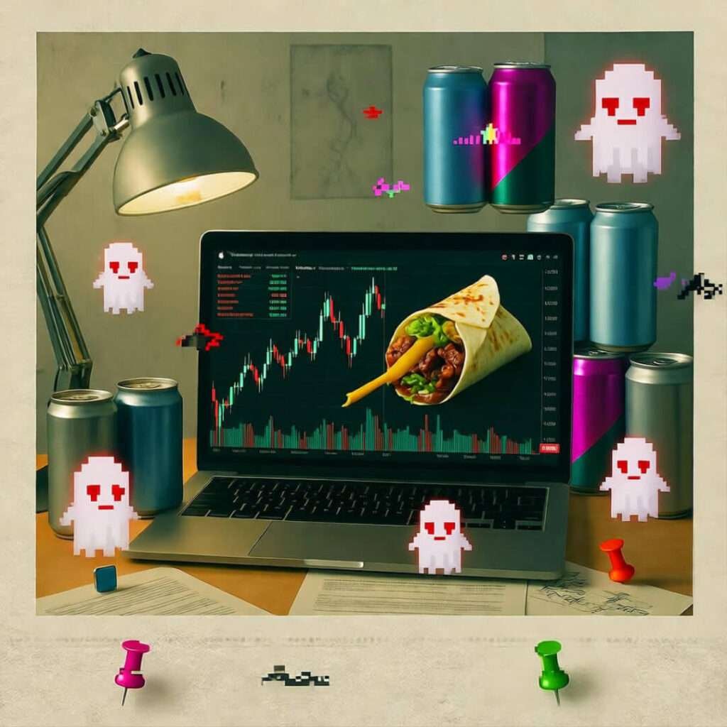 Laptop charts and burrito amid energy drink pyramid; pixel ghosts haunt candlesticks.