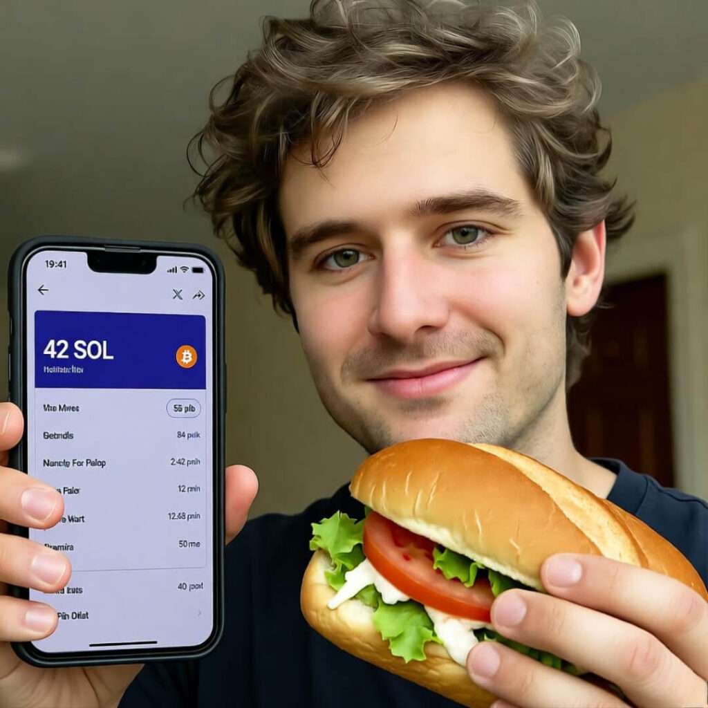 Crooked selfie: Wawa hoagie in one hand, 42 SOL screenshot in the other.