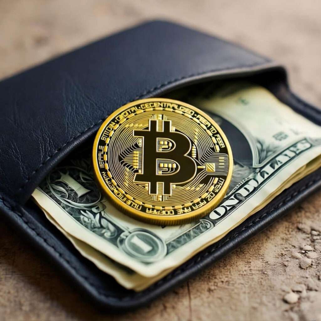 Bitcoin coin atop crumpled dollars in open leather wallet.