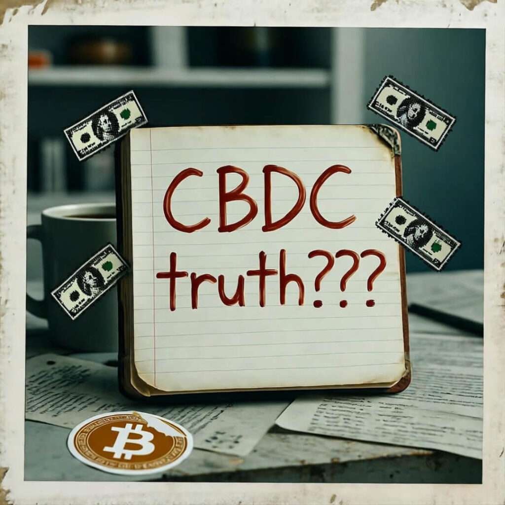 Tattered notebook with "CBDC truth???" in red, peeling Bitcoin sticker, spilled coffee, pixelated dollar moths.