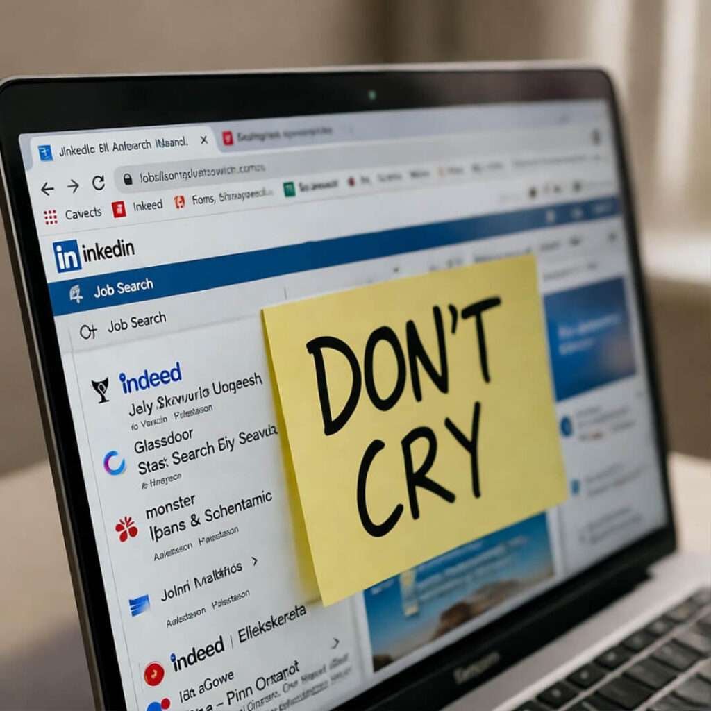 Scuffed sneakers beside torn "Now Hiring" sign on cracked pavement, low-angle grainy shot.