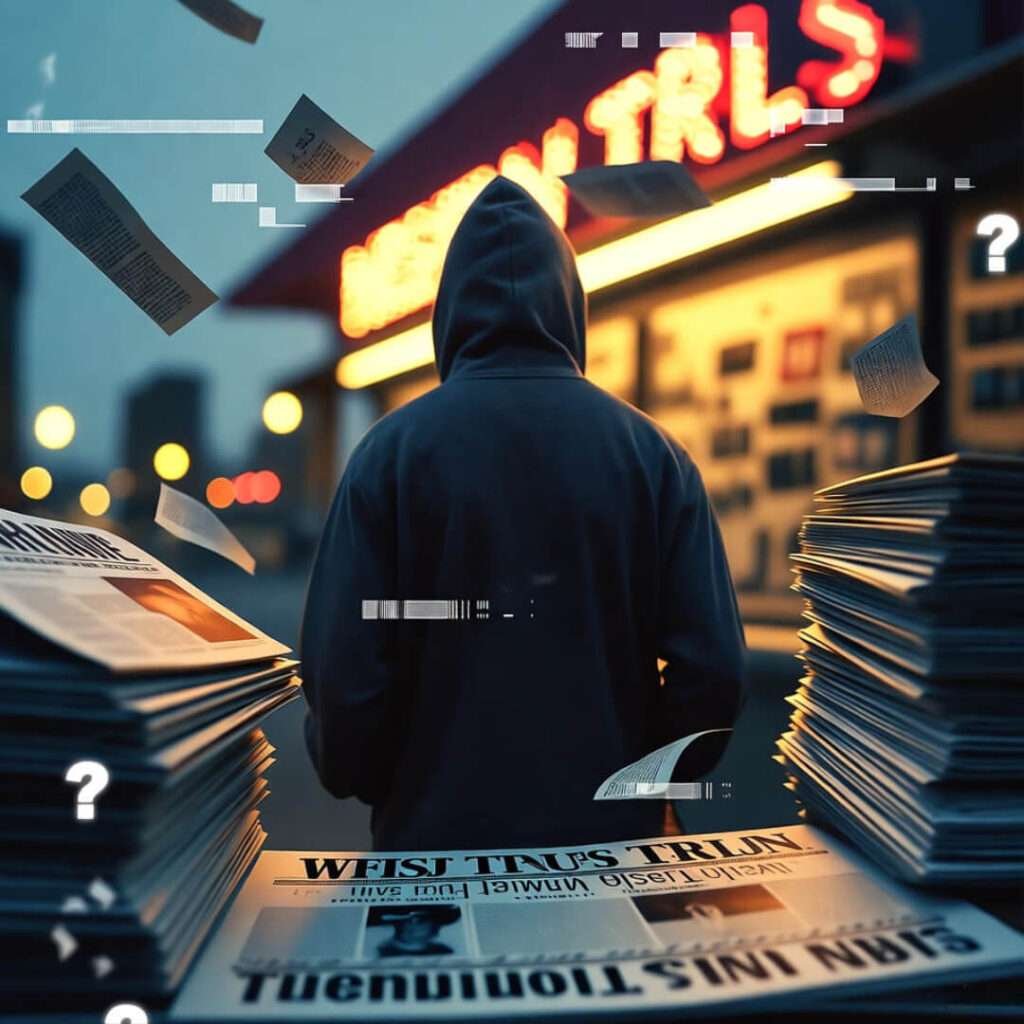 Hooded figure faces neon newsstand, Trump papers swirl, glitchy question marks float.