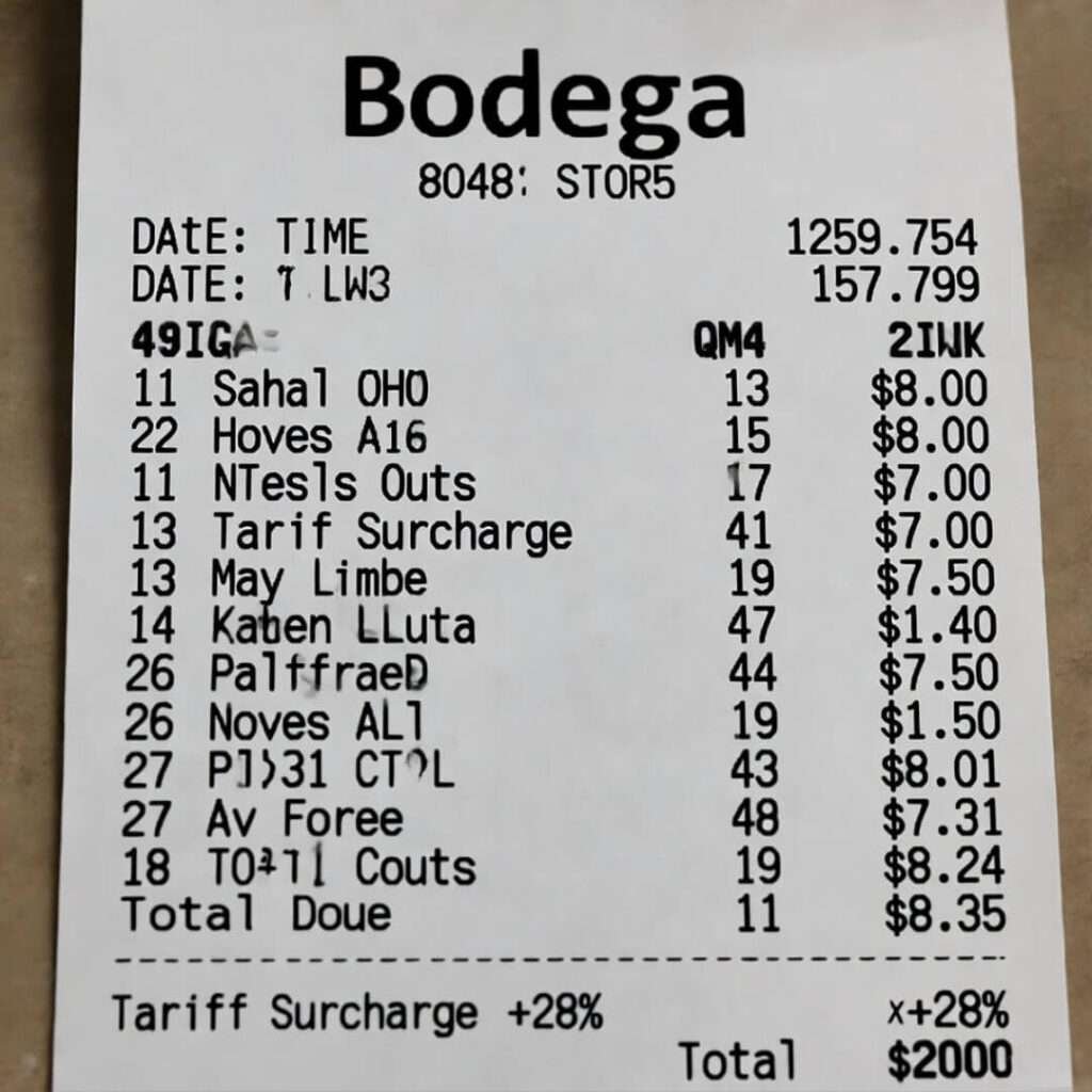 Bodega receipt: +28% tariff surcharge highlighted in yellow on crumpled paper.
