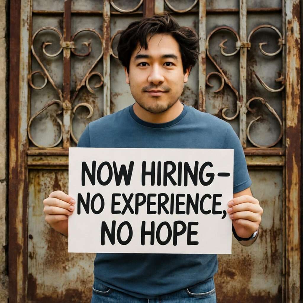 Man holds “NOW HIRING – NO EXPERIENCE, NO HOPE” sign at rusted US Steel gate.