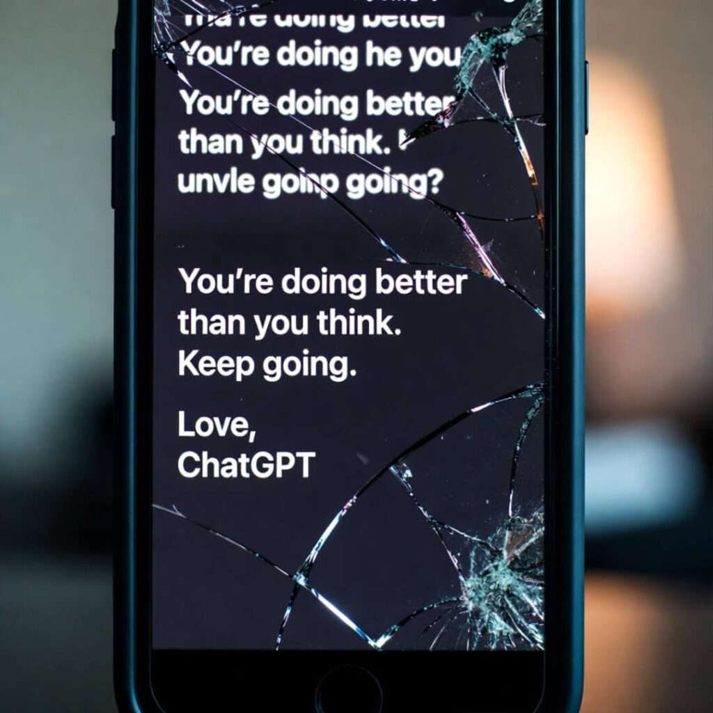 Cracked phone screen shows son's clever half-typed ChatGPT prompt.