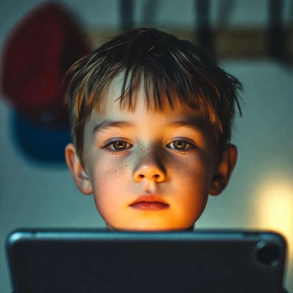 Child's face half-lit by iPad glow, blurred MAGA hat in background.
