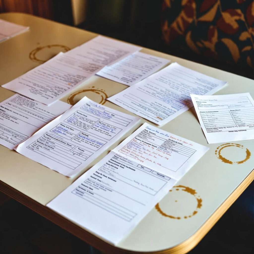 Scattered college application notes on coffee-stained diner table, overhead view.