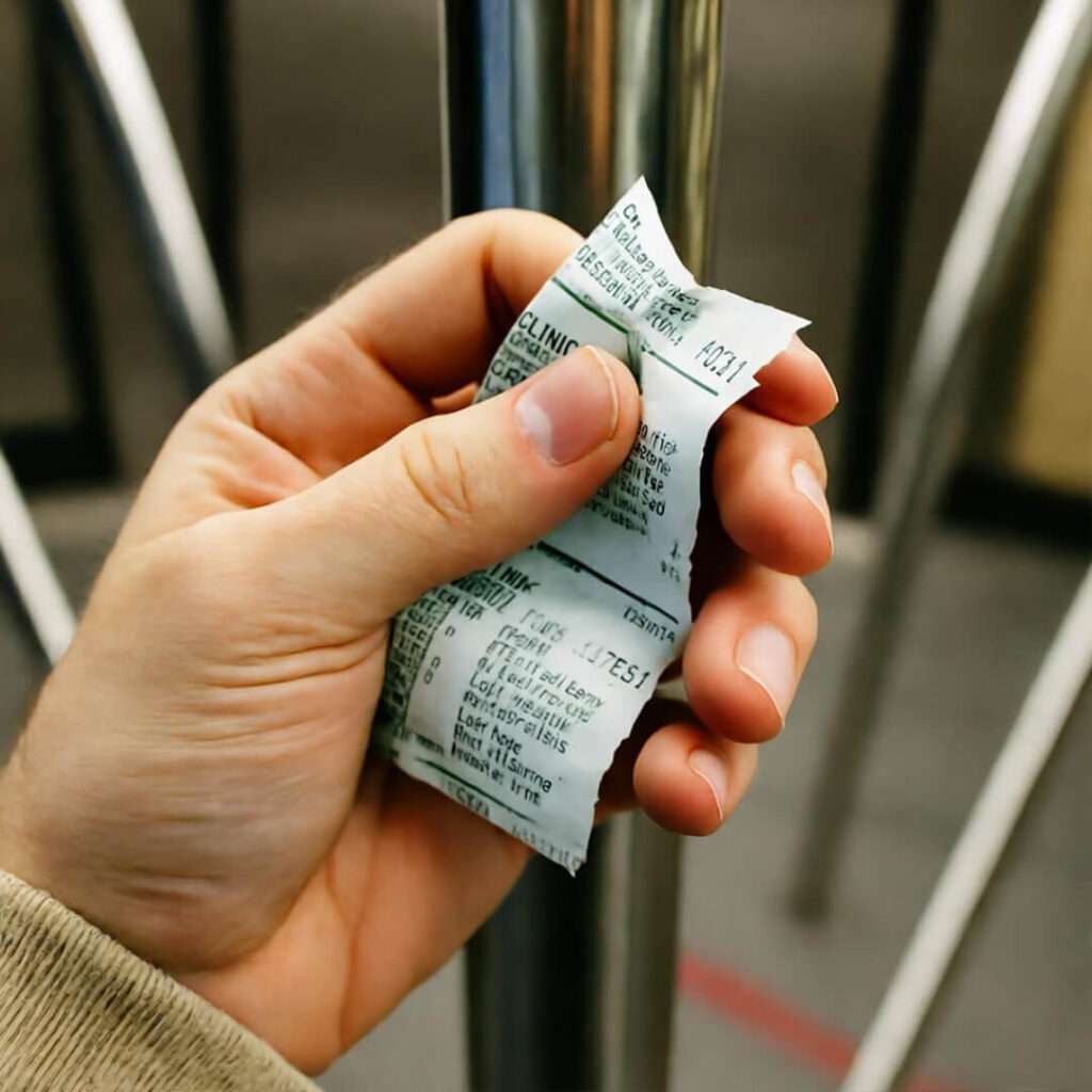 Hand clutches crumpled clinic receipt against subway pole, motion blur below.