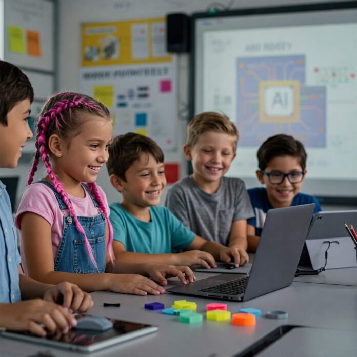 hildren working on AI projects in classroo