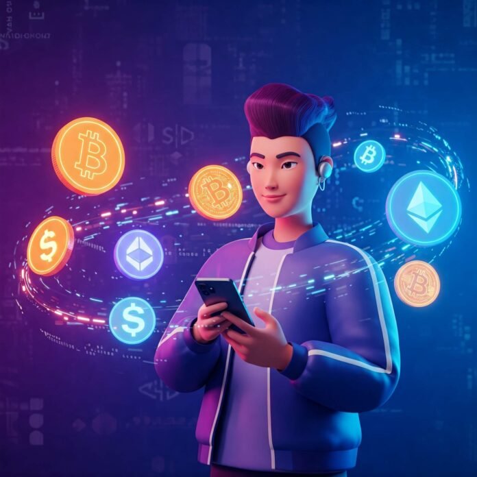 Gen Z crypto investor with smartphone.