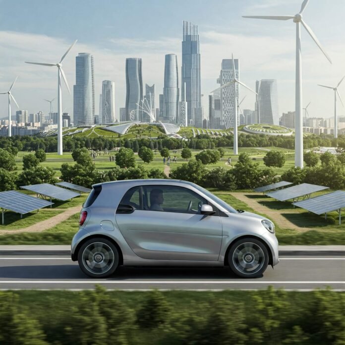 Futuristic Green Smart Car in High-Tech City