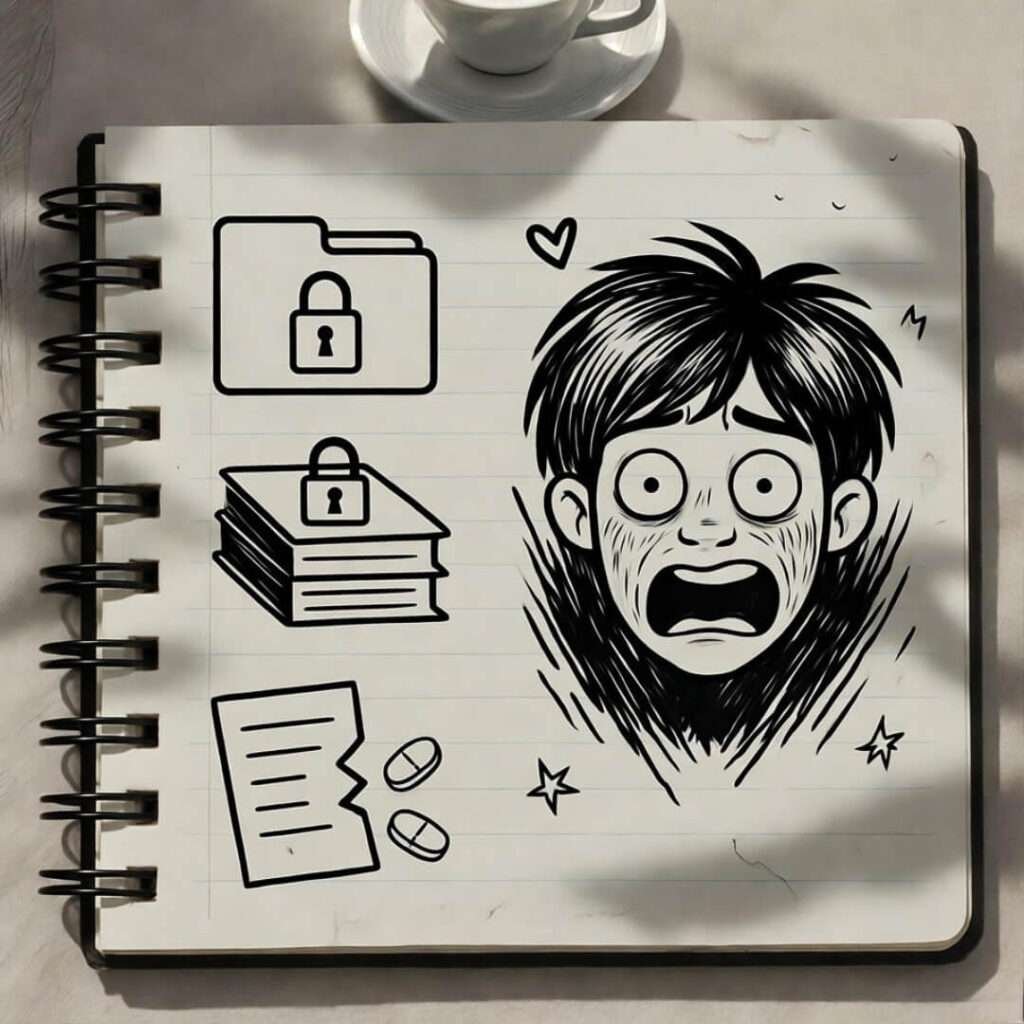 Hand-drawn sketch of locked files, frazzled cartoon, broken prescription pad.