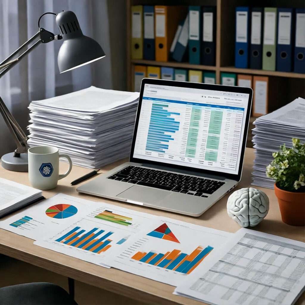 Cluttered desk: paper stacks, budget laptop, brain stress ball.