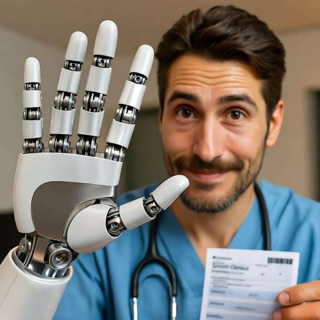 Low-angle selfie: nurse in scrubs holds paycheck beside towering robot arm.