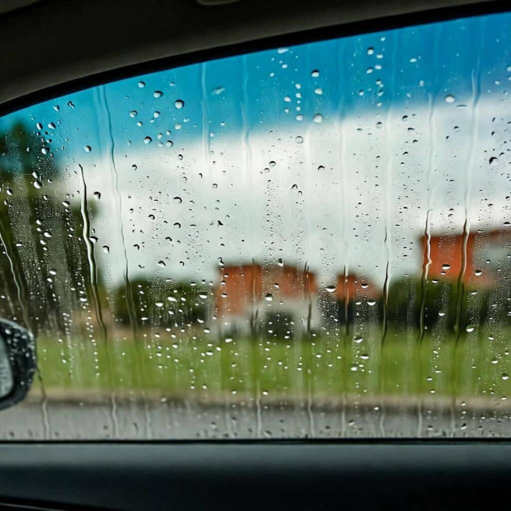 Rain-streaked car window, no headline reflected.
