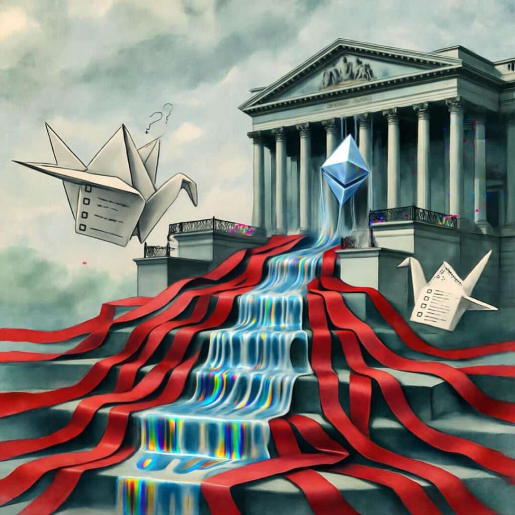 Red tape unravels into Ethereum streams; ballot cranes flutter over Capitol steps.