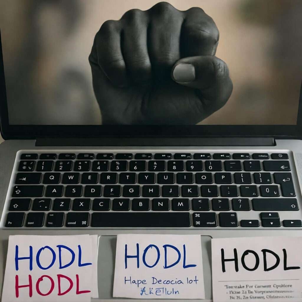 Laptop with HODL sticky notes, screen shows raised fist shadow.