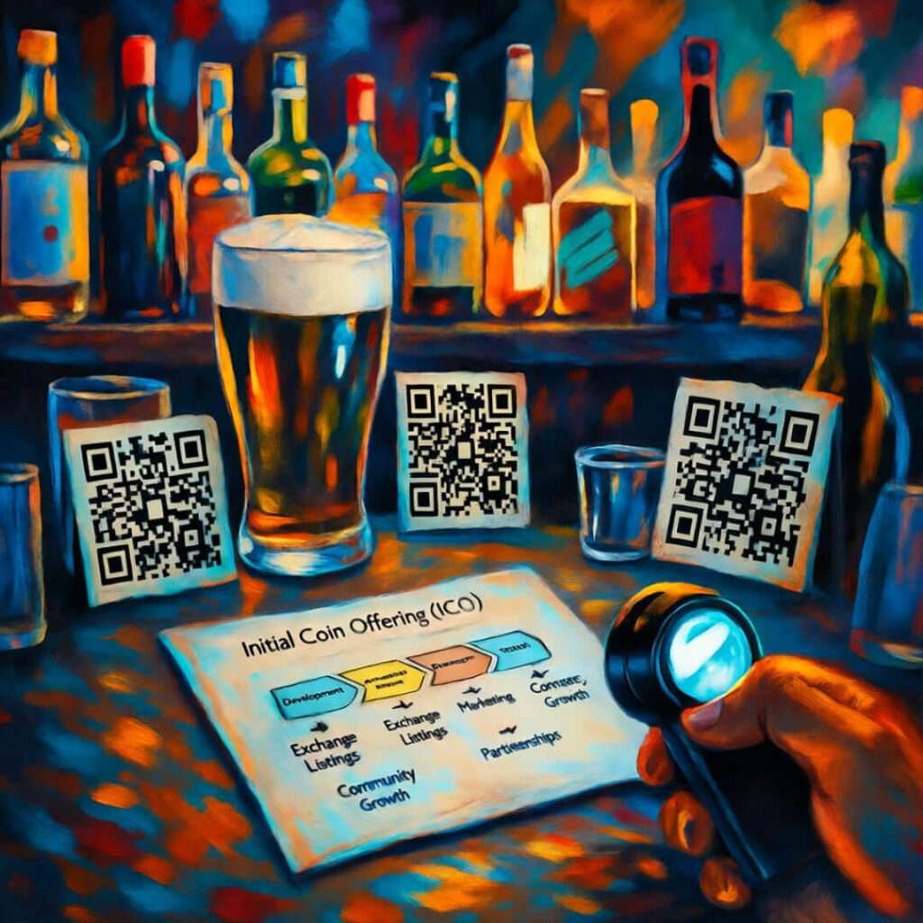 Flashlight illuminates crypto napkin sketch through beer glass; QR flowers bloom.