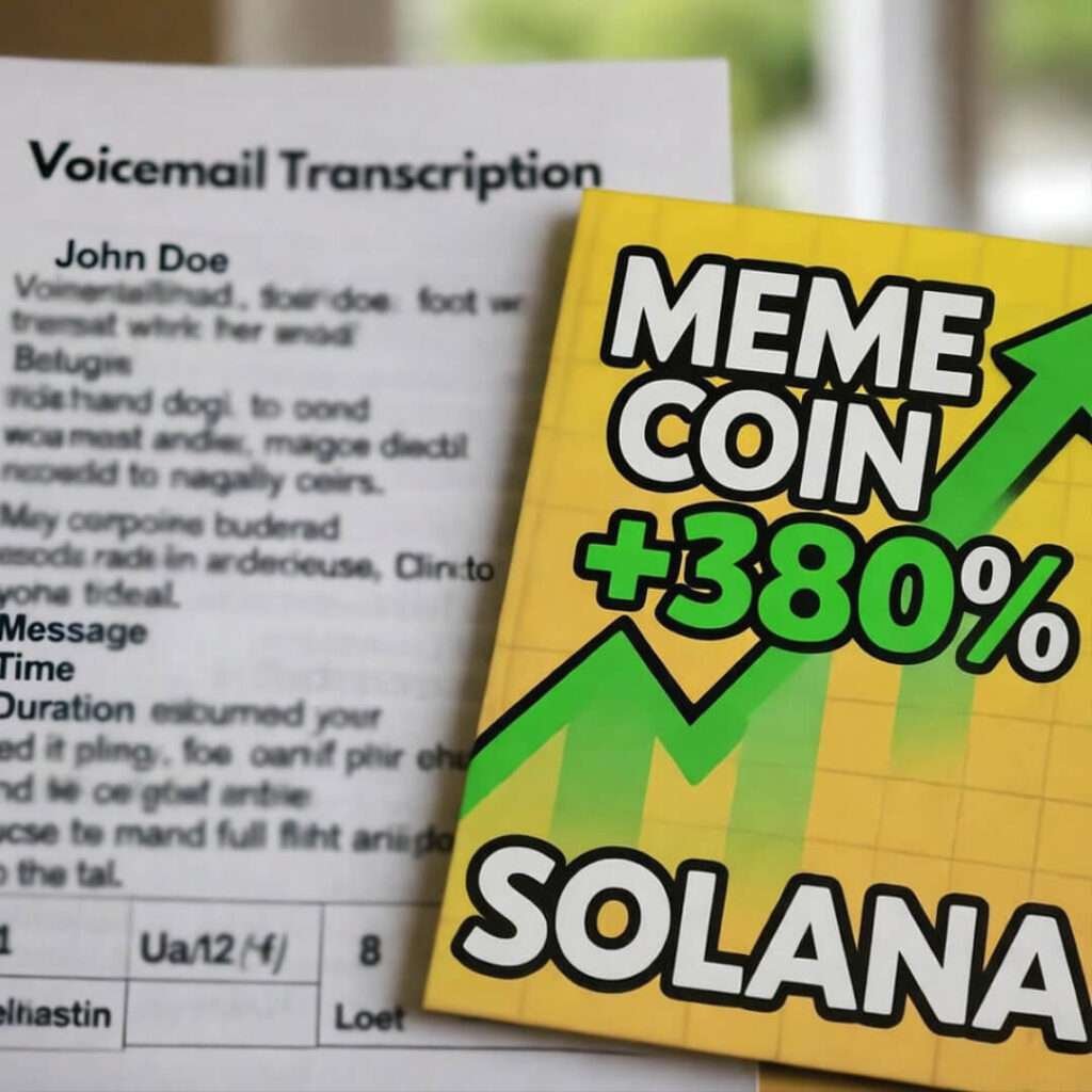 Blurry voicemail transcription beside Solana meme coin surging +380%.
