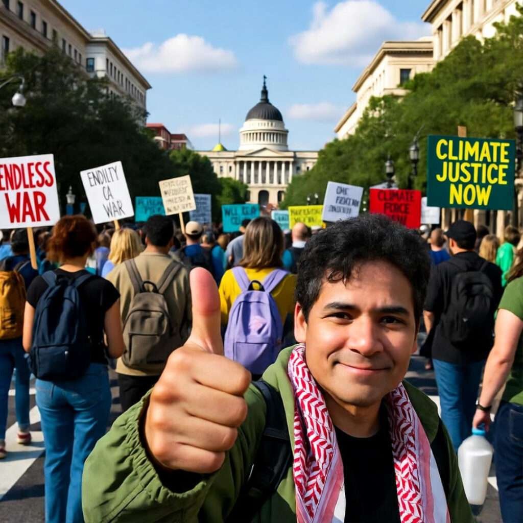Awkward thumbs-up selfie amid DC protest march with Capitol and signs.