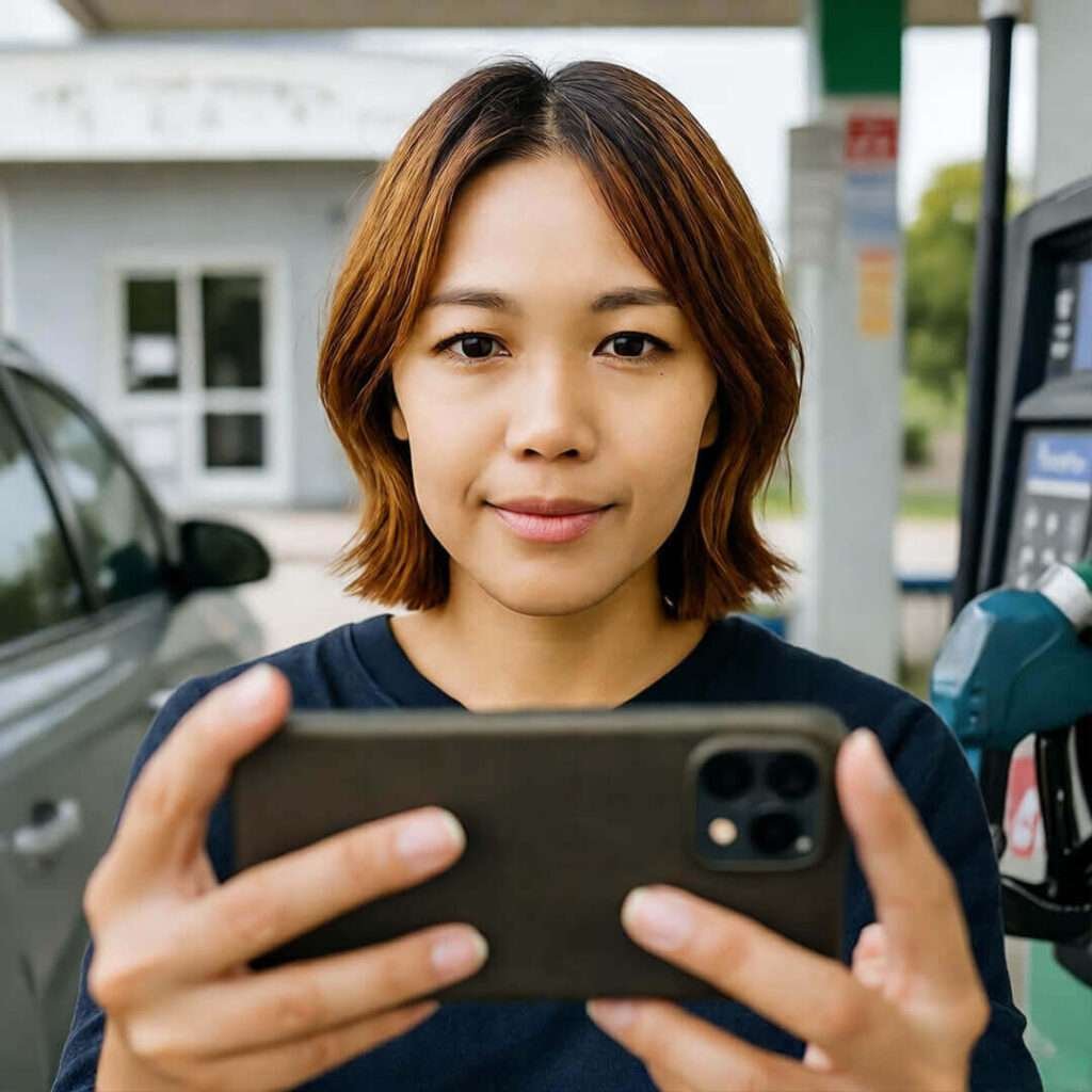 Woman taking selfie with phone at gas station pump.