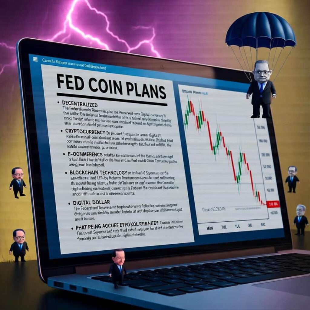 Laptop screen shows Fed coin PDF, crashing Bitcoin chart, cartoon Feds parachuting.