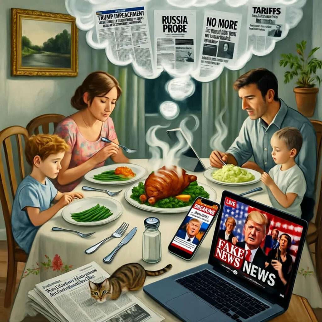 Family dinner drowned in Trump headlines; cat swats news, forks wave protests.