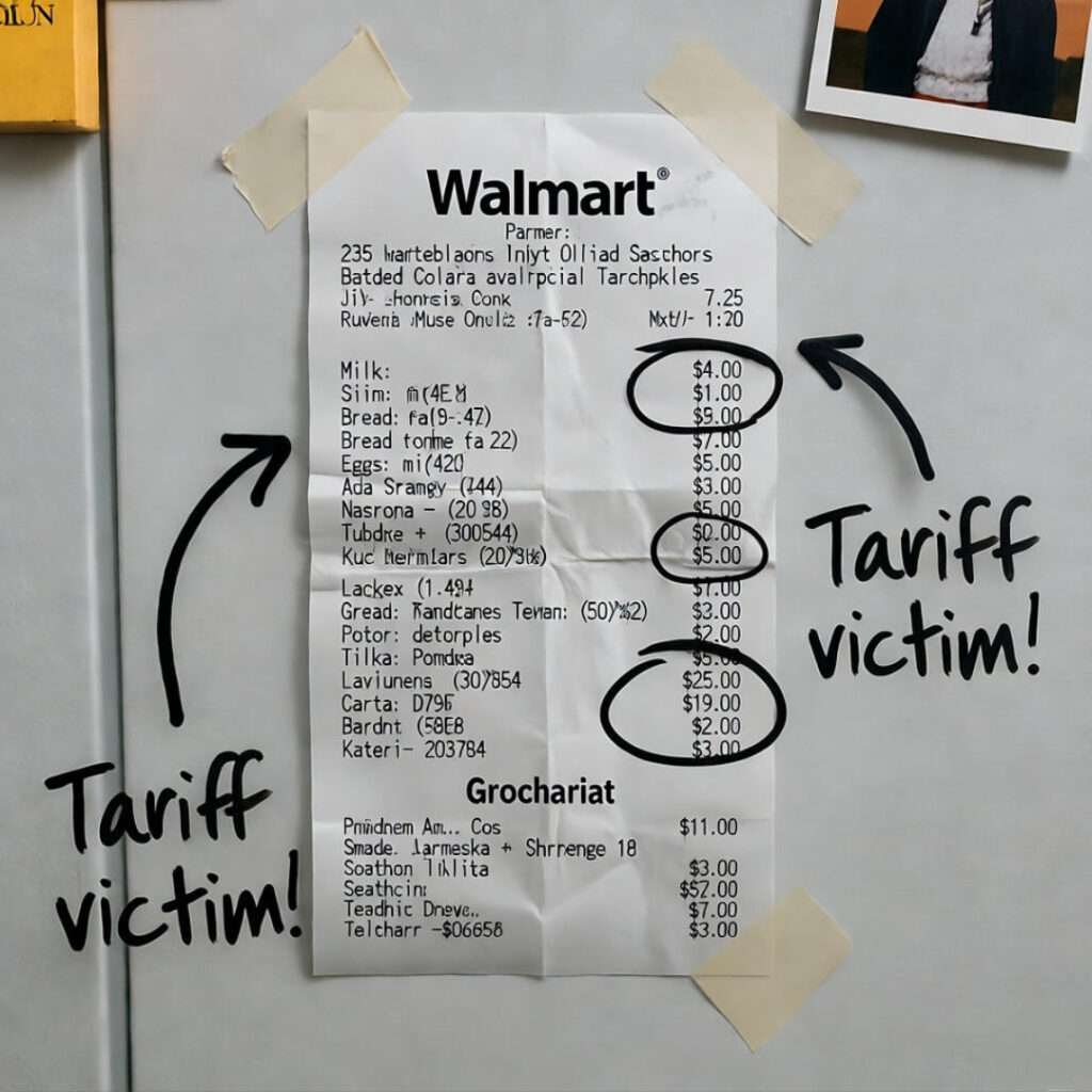 Crumpled Walmart receipt on fridge, Sharpie circles scream “Tariff victim!” at eggs, milk, bread.