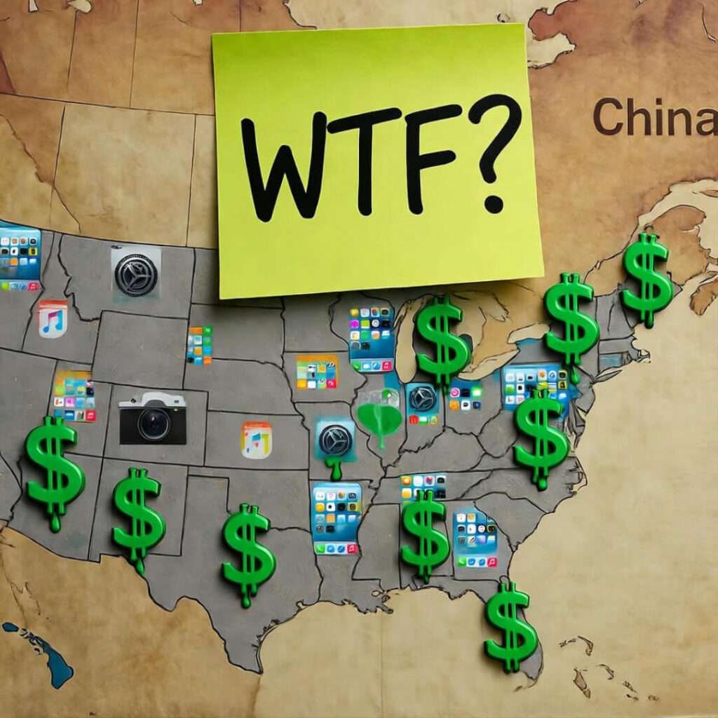 US map with iPhone icons bleeding dollars to China, "WTF?" sticky note.