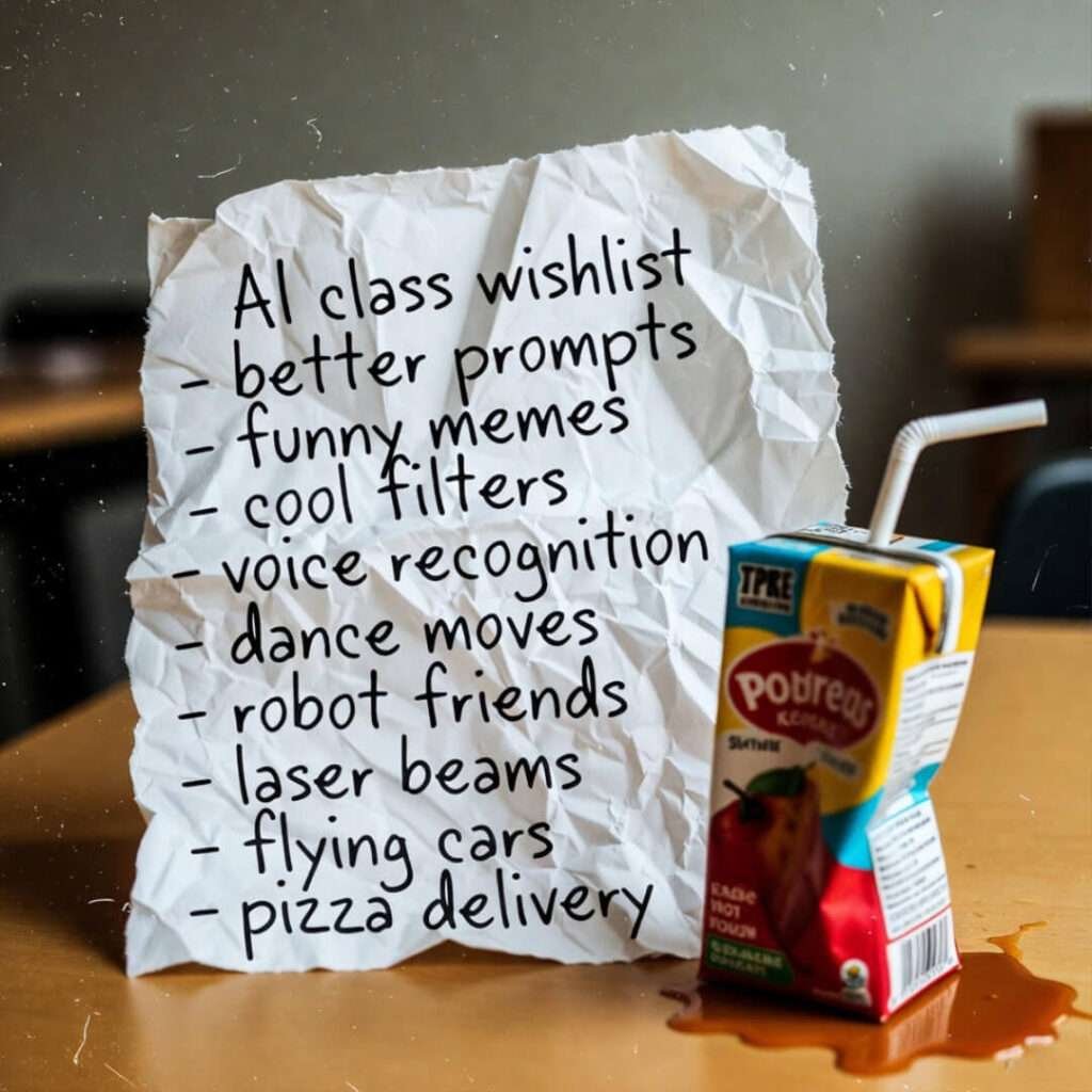 Scribbled napkin AI class wishlist beside spilled juice box.