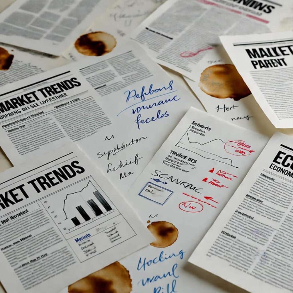 Overhead chaos: news clippings, doodled charts, coffee stains.