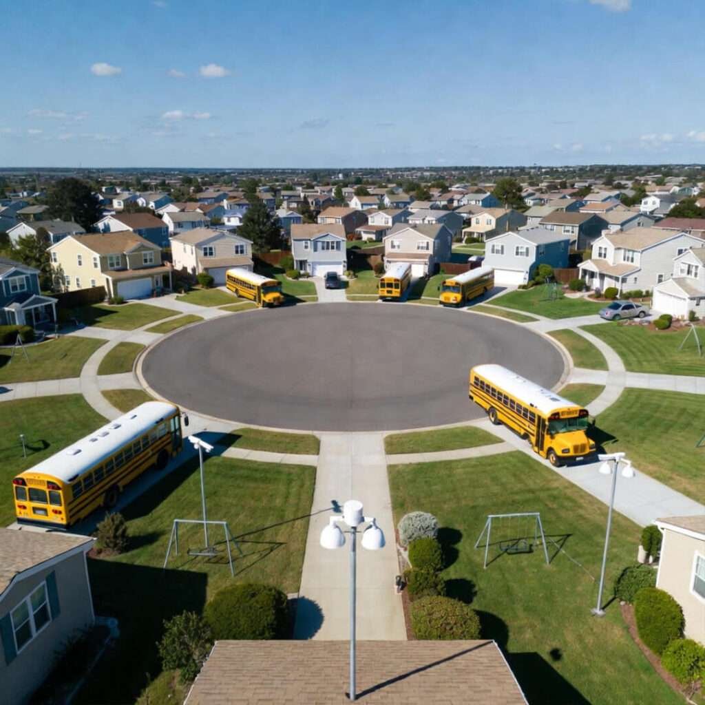 Drone view: cul-de-sac split—yellow buses one half, Ring cams guard empty swings.