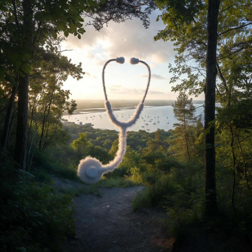 Cloud-shaped stethoscope drifts over Baltimore harbor from trail overlook.