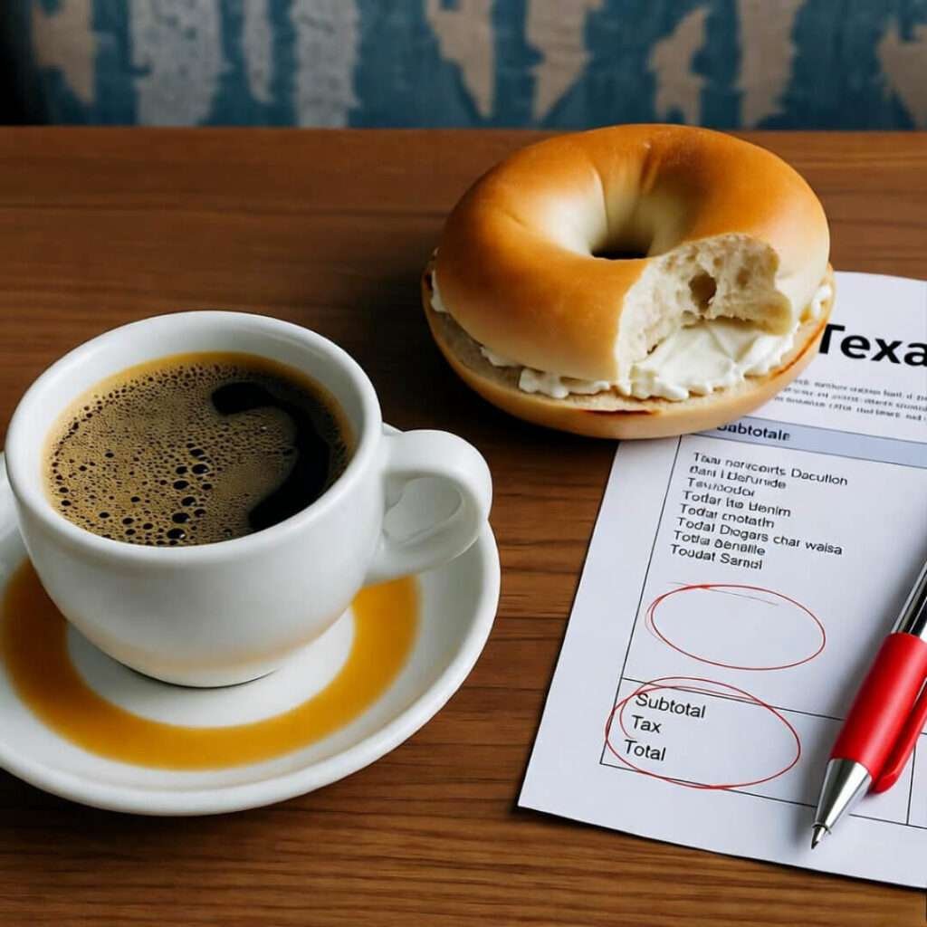 Overhead diner table: half-eaten bagel, coffee rings, red-circled Texas bill.