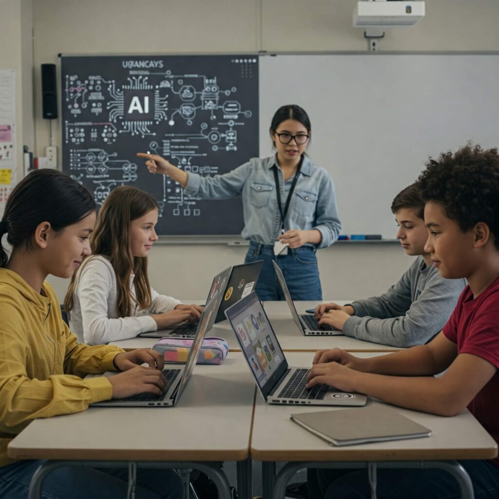 Diverse students learning AI on laptops