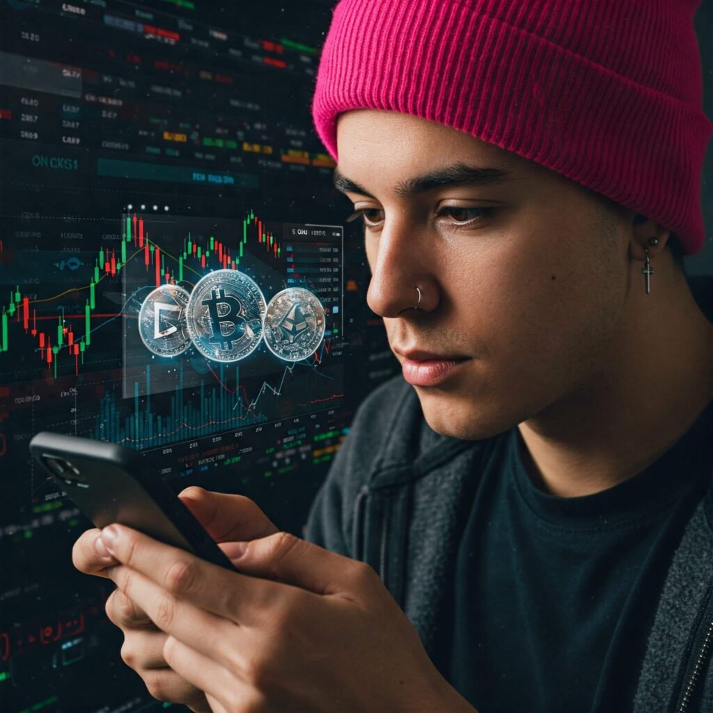 Close-up of mobile crypto trader.