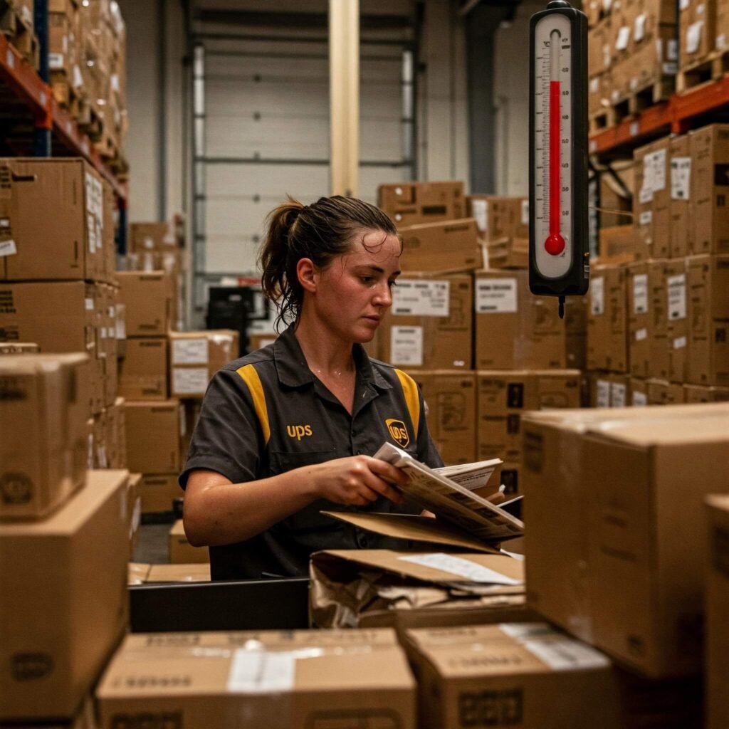 UPS Worker in Hot Warehouse Sorting Packages