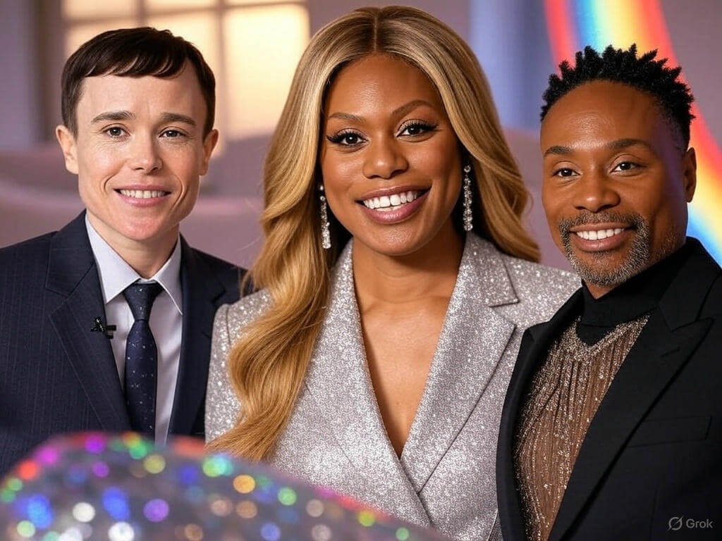 LGBTQ+ Celebrity Collage with Rainbow Background