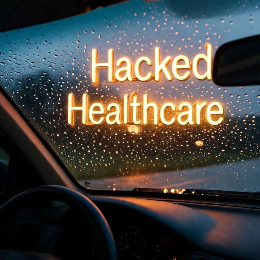 Rainy windshield reflecting "Hacked Healthcare" neon sign from old Civic.