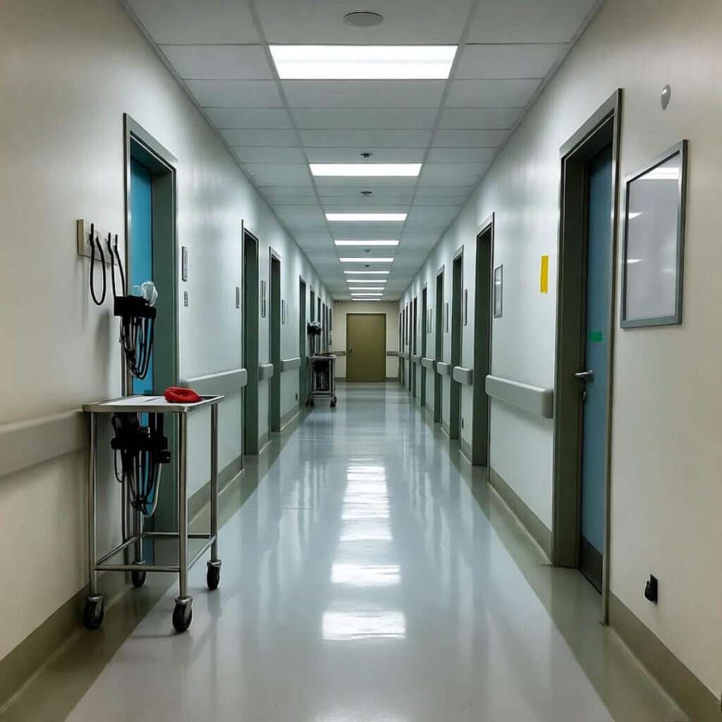 Empty hospital hallway with medical carts, straight perspective.