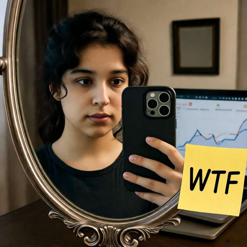 Mirror selfie: puzzled teen eyes laptop graph with "WTF" sticky note.