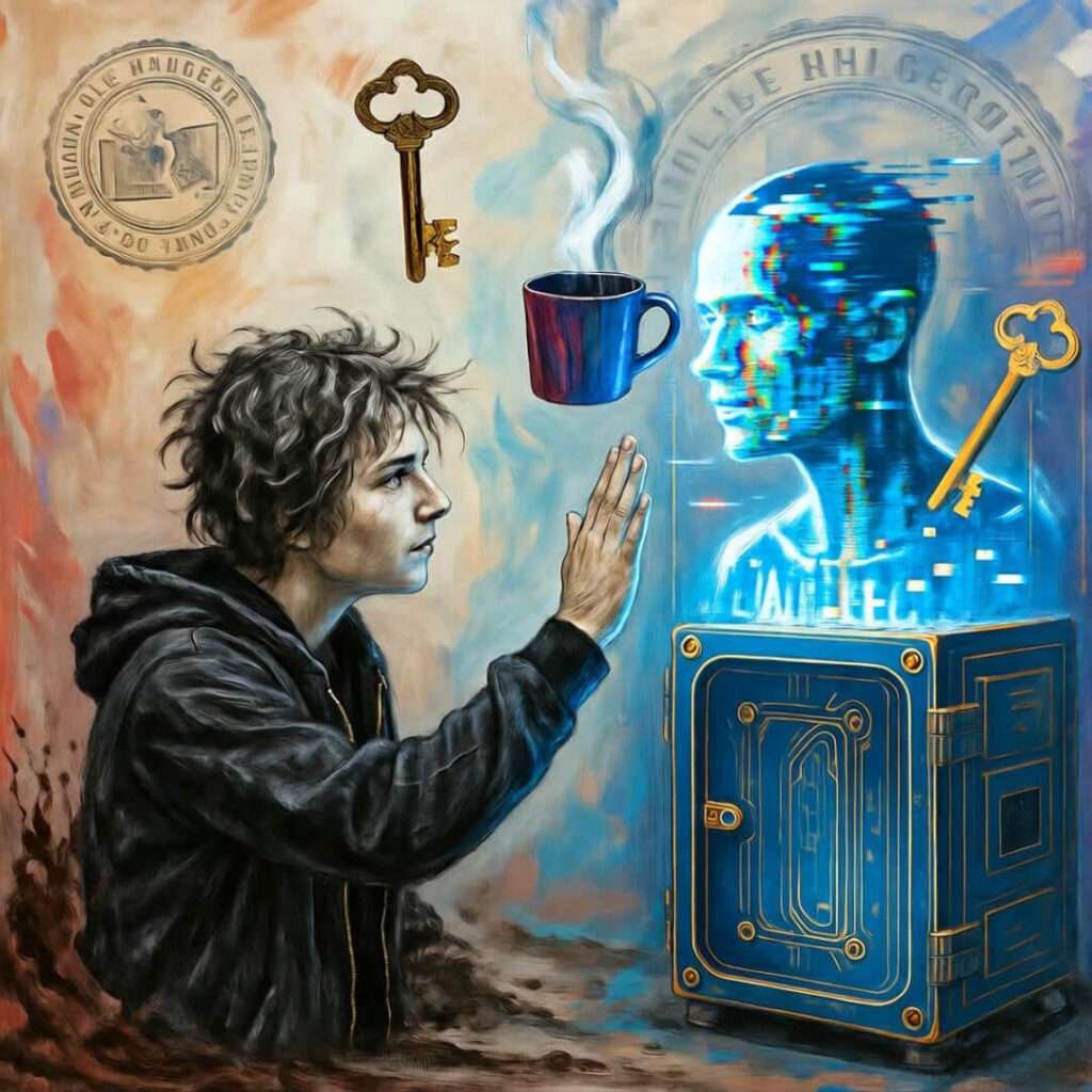 Hooded figure high-fives glitchy hologram over vault amid coffee-key motifs.